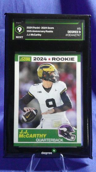 Picture of 2024 panini score 35th anniversary JJ Mccarthy rc #8 degree 9
